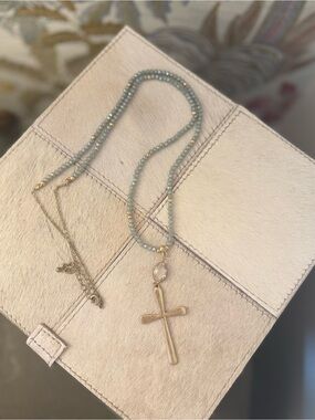 Gold Cross Pendant Necklace with Iridescent Blue Beads